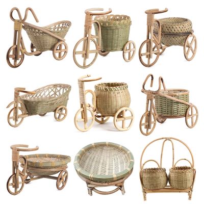 Mini Tricycle Rattan Woven Fruit Basket Bamboo Handmade Wicker Storage Basket for Fruit Food Bread Organizer Art Crafts