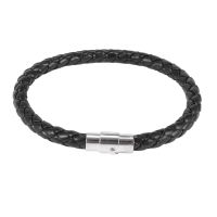 Stainless Steel Leather Bracelet, Braided Leather Bracelet, for Men Women, Black - Width 6mm - Length 21.5cm