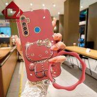 เคสมือจับสำหรับโทรศัพท์มือถือตั้งกระจกแต่งหน้า Hello Kitty 3มิติลายการ์ตูนน่ารักสำหรับ OPPO A1K Realme 5i Realme 5 PRO Realme 7i Realme C3 C17 C35 C30 C33 C31 C21Y C25Y ฝาหลัง TPU นุ่มโลหะด้วยไฟฟ้า + สร้อยข้อมือคลื่น