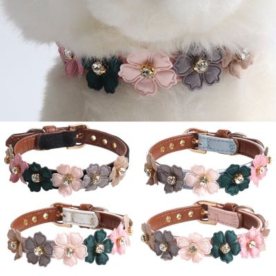 Flowers Pet Dog Collar Leash PU Leather Cat Collier Chain Neck Strap Necklace for Teddy Chihuahua Pug Puppy Kitten Accessories Leashes