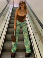 Girl Distressed Jeans Egirl Harajuku Wide Leg Skater Pants Trousers Tie Dye Green Pants Y2K Abstract Printed Ruched Sweatpants