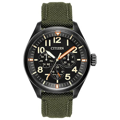 Citizen Eco-Drive Garrison Mens Watch, Stainless Steel with Nylon Strap, Field Watch Green Strap, Black Dial