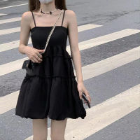 zhangdunguo Spaghetti Strap All-match Solid Mini Dress Sling High Waist Tube Top Puffy Dress