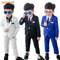 lontakids 2-9ปีเด็ก3Pcs/5Pcs ชายเข้ารูปพอดี Dresswear ชุดสุภาพบุรุษสุภาพบุรุษสีดำสีฟ้าสีขาวเครื่องแต่งกายอย่างเป็นทางการ Tuxedo ชุดเสื้อผ้าสำหรับงานแต่งงานวันเกิด