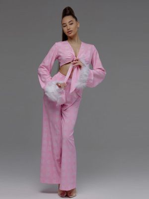 【jw】❆❣◕  Marthaqiqi V-Neck Sleepwear Set Up Pajama Crop Top Nightwear Pants Feathers Patchwork Nightie 2 Piece