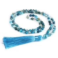 ZZOOI Natural 6mm Striped Agates Stone Necklace Prayer Buddha 108 Mala Beads Blue Tassel Bohemian Necklaces for Men Women Yoga Jewelry