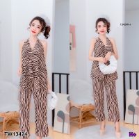 TW13424  Set 2 ชิ้น เสื้อผูกคอ+กางเกงขายาวพิมพ์ลายม้าลาย     สอบถามก่อนสั่งซื้อ