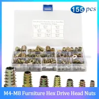 ☈❈▦ 155PCS M4 M5 M6 M8 Assorted Flanged Hexagon Nut Zinc Alloy Thread For Wood Insert Nuts Flanged Hex Drive Head Furniture Nuts