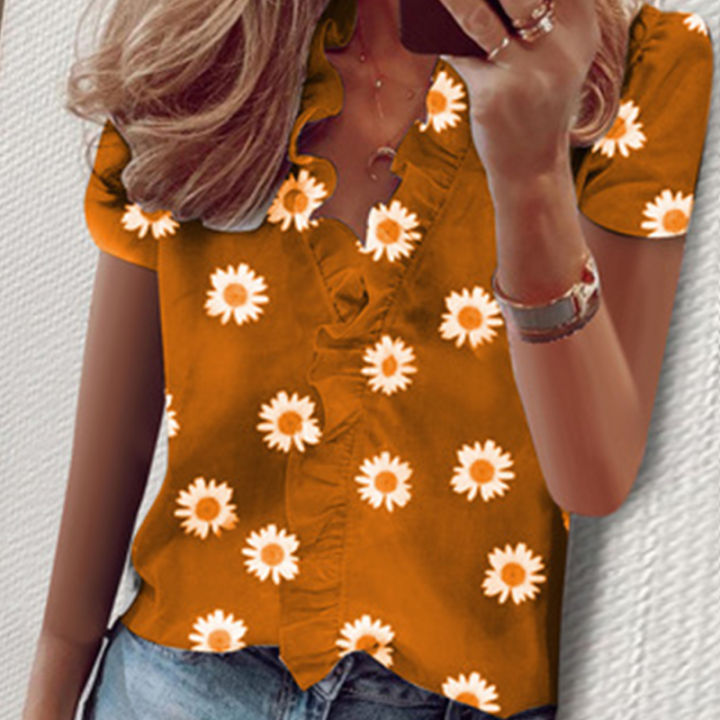 2023newเสื้อคอวีแขนสั้นผู้หญิงเสื้อพิมพ์ลายดอกไม้หรูหราเสื้อเสื้อลำลองฤดูร้อนเสื้อเบลาส์มีพู่