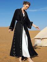 Eid Mubarak Hitam Terbuka Kimono Abaya Dubai Turki อิสลามมุสลิมอาหรับอาหรับทาวน์สำหรับมุสลิม