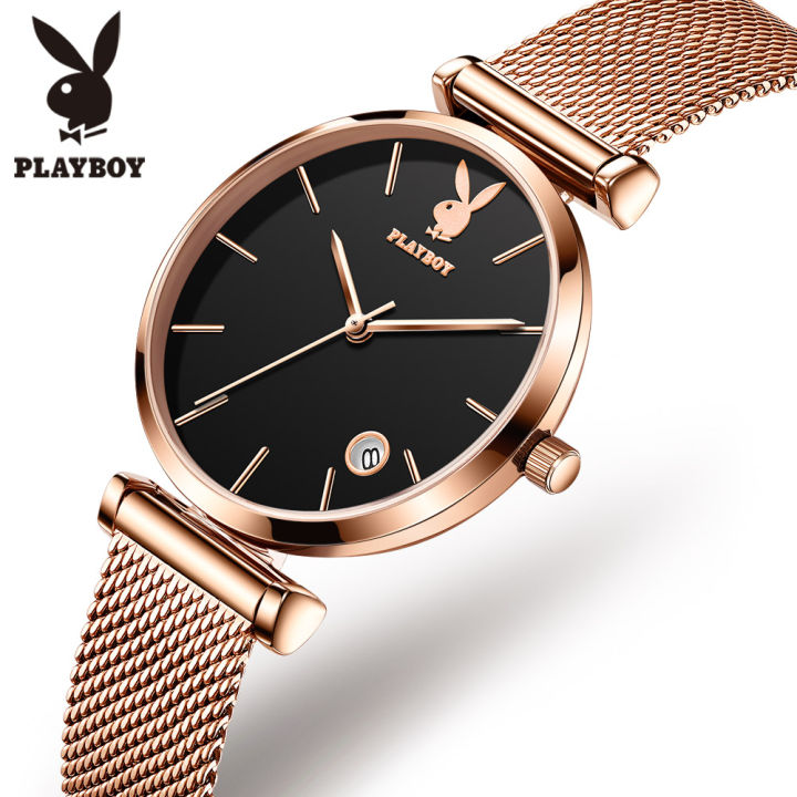 playboy-นาฬิกาสำหรับผู้หญิงเดิมกันน้ำแฟชั่นหรูหรา-milanese-สายนาฬิกาควอตซ์ปฏิทินแสดง