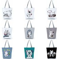 【Lanse store】Color Painting Funny Bull Terrier Dog Print Shopping Bags Animal Tote Women Ladies Casual Handbag School Traveling Shoulder Bag