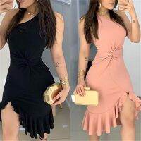 Women Fashion Single Shoulder Waist Twisted Ruffles Hem Party Dress