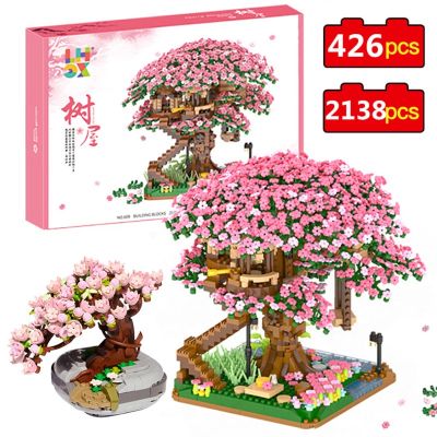 【Familiars】2138PCS/426PCS บล็อกของเล่น DIY บ้านต้นซากุระ ช่อดอกไม้อมตะ บล็อกและของเล่นตัวต่อ ปริศนาของเล่น