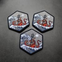 Japanese Style Huge Wave Embroidery Patch Wind Big Wave Trident Octopus Velcro Hexagonal Landscape Morale Chapter Pack Sticker