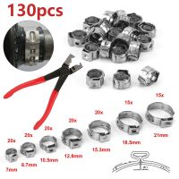 130pcs Single Ear Stepless Hose Clamps +1PC Hose Clip Clamp Pliers 7-21mm 304 Stainless Steel Hose Clamps Cinch Clamp Rings Clamps