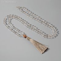 ✾♟ 8mm White Crystal Beaded 108 Mala Handmade Knotted Long Necklace Women Fashion Charm Jewelry Rudraksha Khaki Tassel OM Pendant