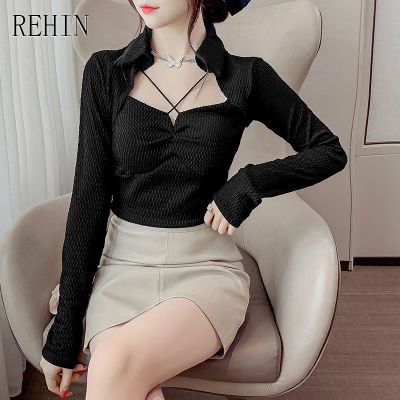 REHIN ผู้หญิงฤดูใบไม้ร่วงใหม่แน่นแขนยาวเสื้อยืด Hollow Square Collar Trend เสื้อ