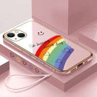 GGK เคสเคสสำหรับ Apple iPhone 15 Plus 15 Pro 15 Pro Max ลายขอบสี่เหลี่ยมหัวใจสีรุ้งยิ้มฟรีสายคล้องชุบเคสโทรศัพท์สุดหรูชุบเคสโทรศัพท์นิ่ม