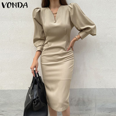 (จัดส่งฟรี)Fancystyle VONDA ชุดชุดเดรสทรงแข็งคอวีสำหรับผู้หญิงชุด Midi แขน3/4พัฟเดินทางหรูหรา