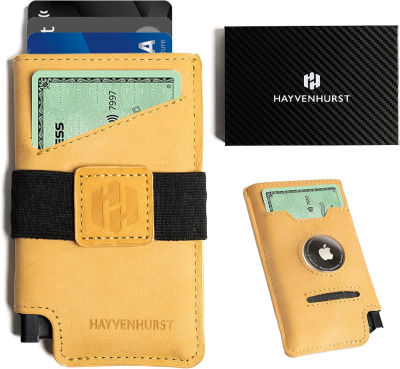 Hayvenhurst Slim Minimalist Pop Up Leather Wallet with Cash Strap - RFID Blocking Airtag Wallet For Men Credit Card Holder Capsule Wallets for Men (Brown) Brown Airtag Pop Up Wallet
