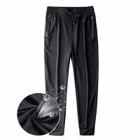 【-7°C】Mens ice silk stretch sports jogging pants zipper design leisure fitness drawstring pants plus size running pants loose yoga comfortable stretch pants