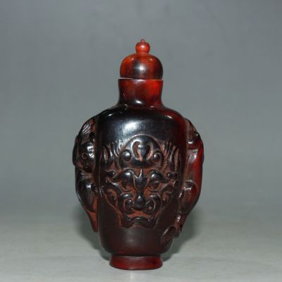 ▽☬❃ Chinese natural horn two sided carving animal head snuff bottle decoration