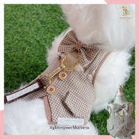 Glitter Pooch ชุดรัดอก สายจูง เสื้อผ้า สุนัข, หมา, แมว, สัตว์เลี้ยง พร้อม สายจูง รุ่น Mr. Milk Tea Gentleman