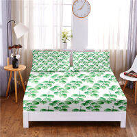 Green Leaf Digital Printed 3pc Polyester Fitted Sheet Mattress Cover Four Corners with Elastic Band Bed Sheet Pillowcases