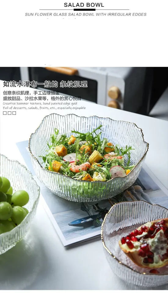 Square Glass Salad Bowl,Nordic Golden Border Salad Bowl Transparent Glass  Foods Mixing Bowl Fruit Vegetable Bowl Dessert Round Square Bowl