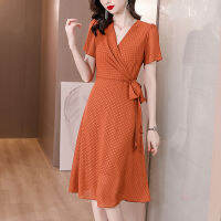 Impression แฟชั่นผู้หญิง Elegant เกาหลี Wave Point V คอแขนสั้น Tunic เอวสูง A-Line Midi Plus ขนาด Dress