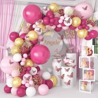 Pink Balloon Garland Arch Kit Butterfly Stickers Hot Pink Gold Latex Balloons for Birthday Wedding Party Baby Shower Decorations