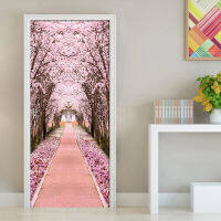 Pink Cherry Tree Path Wall Paper Door Sticker For Living Room Bedroom PVC Self-adhesive Waterproof Door Decor Mural 3D Decals