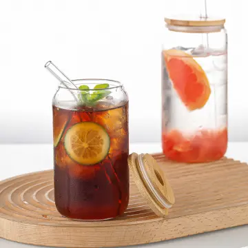 Glass Straw Cup with Bamboo Lid, Cola Shape Cup, 470ml