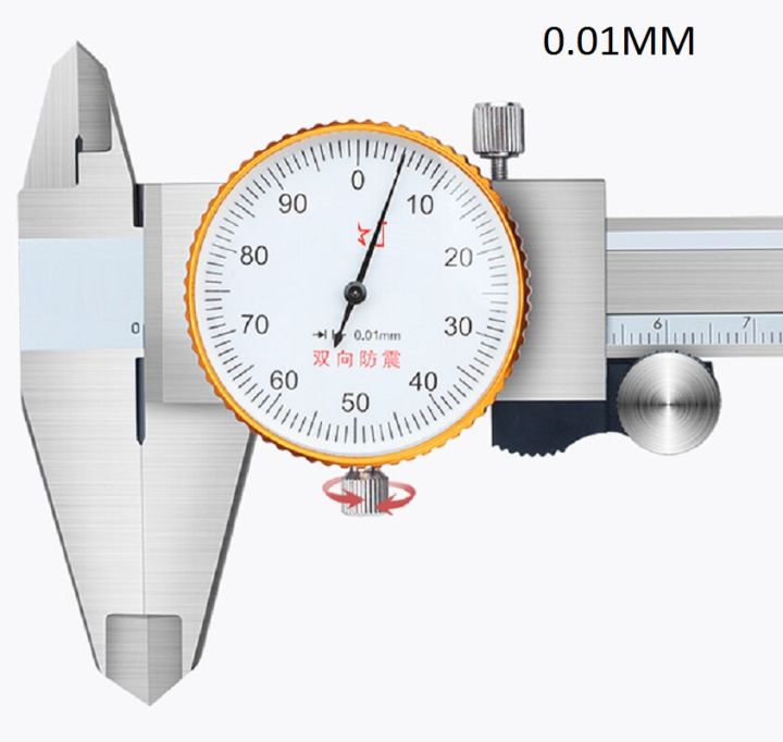 0-300เครื่องวัดระยะเวอร์เนียหน้าปัดสเตนเลสสตีลพร้อมนาฬิกากันกระแทกสเปคเครื่องมือวัดแถบเลื่อนตัวแสดงสถานะ