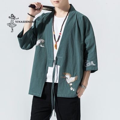 ชุดกิโมโนชายหาดแบบดั้งเดิมของญี่ปุ่นเสื้อคาร์ดิแกน Kimono นกกระเรียนแบบบางปักลายนกกระเรียนแบบชาวเอเชียชุดซามูไรเสื้อเชิ้ตลำลองสำหรับผู้ชาย