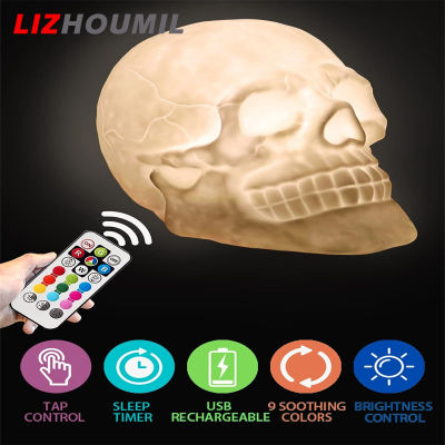 LIZHOUMIL ไฟพร้อมรีโมทคอนโทลหัวกะโหลก Led USB ชาร์จไฟได้,โคมไฟลายฮาโลวีนควบคุมแบบสัมผัสสำหรับตกแต่งสยองขวัญปาร์ตี้ฮัลโลวีน