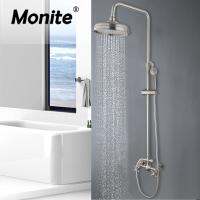 【LZ】❒◘  Monite Wall Mounted Níquel Escovado Banheiro Shower Faucet Set Chuva Cabeça Daul Handle Com Torneiras Misturadoras De Água Fria Quente