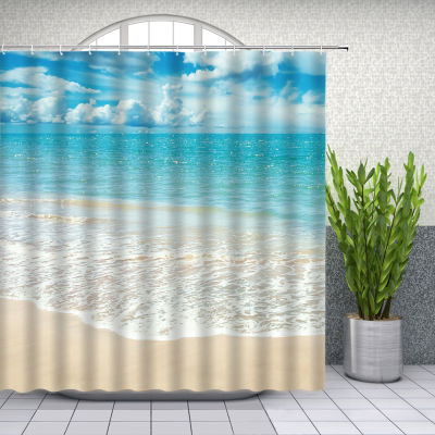 Ocean Beach Shower Curtains Sea Wave Blue Sky Hawaii Scenery Shell Starfish Home Decor Bath Bathtub Waterproof Cloth Curtain Set