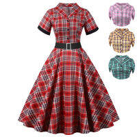 KK1950s 60S R Hepburn ผู้หญิงยืนคอเดี่ยวแขนสั้น Checkered แขนสั้นเข็มขัดขนาดใหญ่ Swing Dressq11