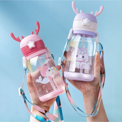 GIANXI Antler Sippy Cup Creative Children Cartoon Cups With Straws Outdoor Portable Leakproof Water Bottles Drinkware