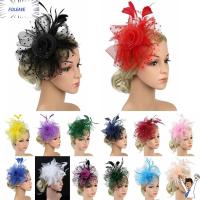 FOLEAVE มีสไตล์ Fascinators ผม งานแต่งงาน ดอกไม้ตาข่าย กิ๊บติดผมขนนก หมวก fascinator ที่คาดผมงานเลี้ยงน้ำชา ที่คาดผม ALICE