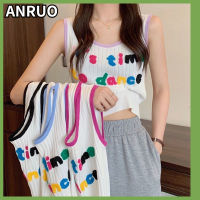 ANRUO เสื้อสามมิติปักลาย,เสื้อกั๊กผู้หญิงสีสดใสสตรีผ้าถักสายเดี่ยวลำลองเข้ากับทุกชุดฤดูใบไม้ผลิ2023