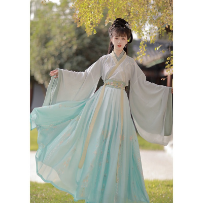 Hanfu ผู้หญิงแขนกว้าง Wei-Jin คอเอว-ความยาวชุด Hanfu ผู้หญิงจีนโบราณเครื่องแต่งกายชุดจีนสีเขียว Hanbok...