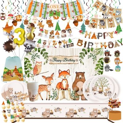 [HOT QIKXGSGHWHG 537] Woodland สัตว์ Disposable Tableware ป่าหมี Fox ถ้วยผ้าเช็ดปาก Jungle Safari Happy Birthday Party Decor เด็ก Boy Girl