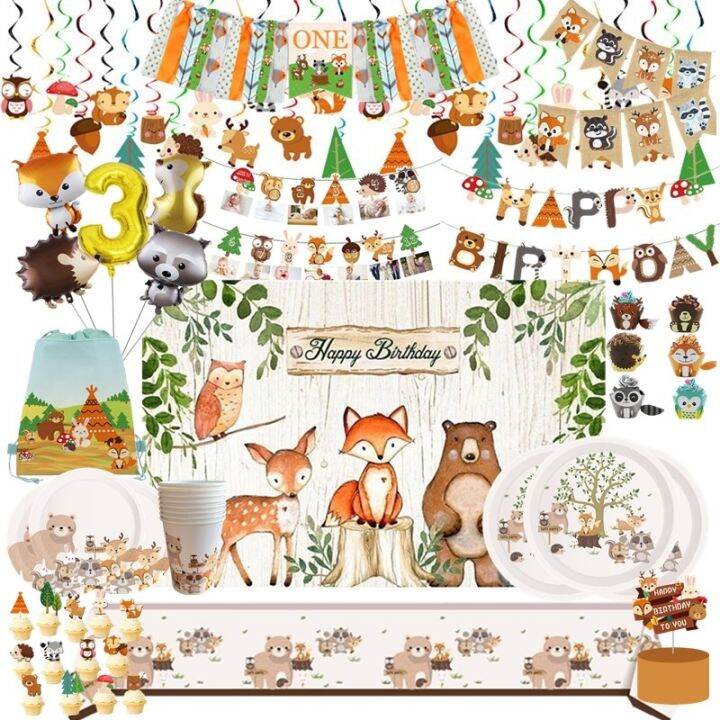 hot-qikxgsghwhg-537-woodland-สัตว์-disposable-tableware-ป่าหมี-fox-ถ้วยผ้าเช็ดปาก-jungle-safari-happy-birthday-party-decor-เด็ก-boy-girl