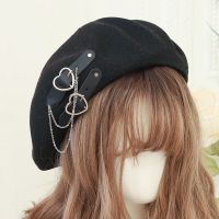 Lolita Gothic Punk Beret Black Women Breathable Summer Harajuku Girls Heart Buckle Beanie JK Hat Cap 2021 New