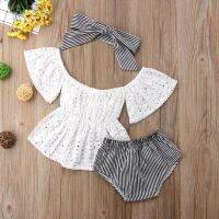 0-24months Baby Girls 3pcs Summer Set Hollow Out Off Shoulder Short Sleeve Tops Shorts + Bow-Knot Headband Infant Girls Suits  by Hs2023