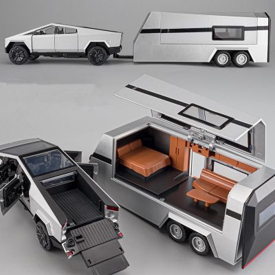 1/32 Tesla Cybertruck Pickup Trailer Alloy Car Model Diecasts Metal Toy Off-road Vehicles Truck Model Sound and Light Kids Gifts