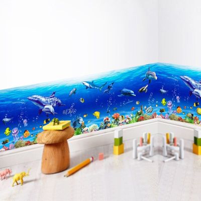 Removable Wall Stickers Underwater World Sea Fish Skirting Line Sticker for Baby Kids Nursery Bathroom Home Decor PVC Decals